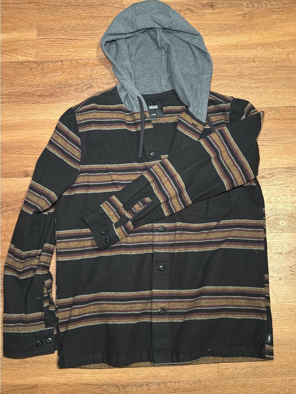 Vans Black Hooded Striped Button-Up Shirt Jacket